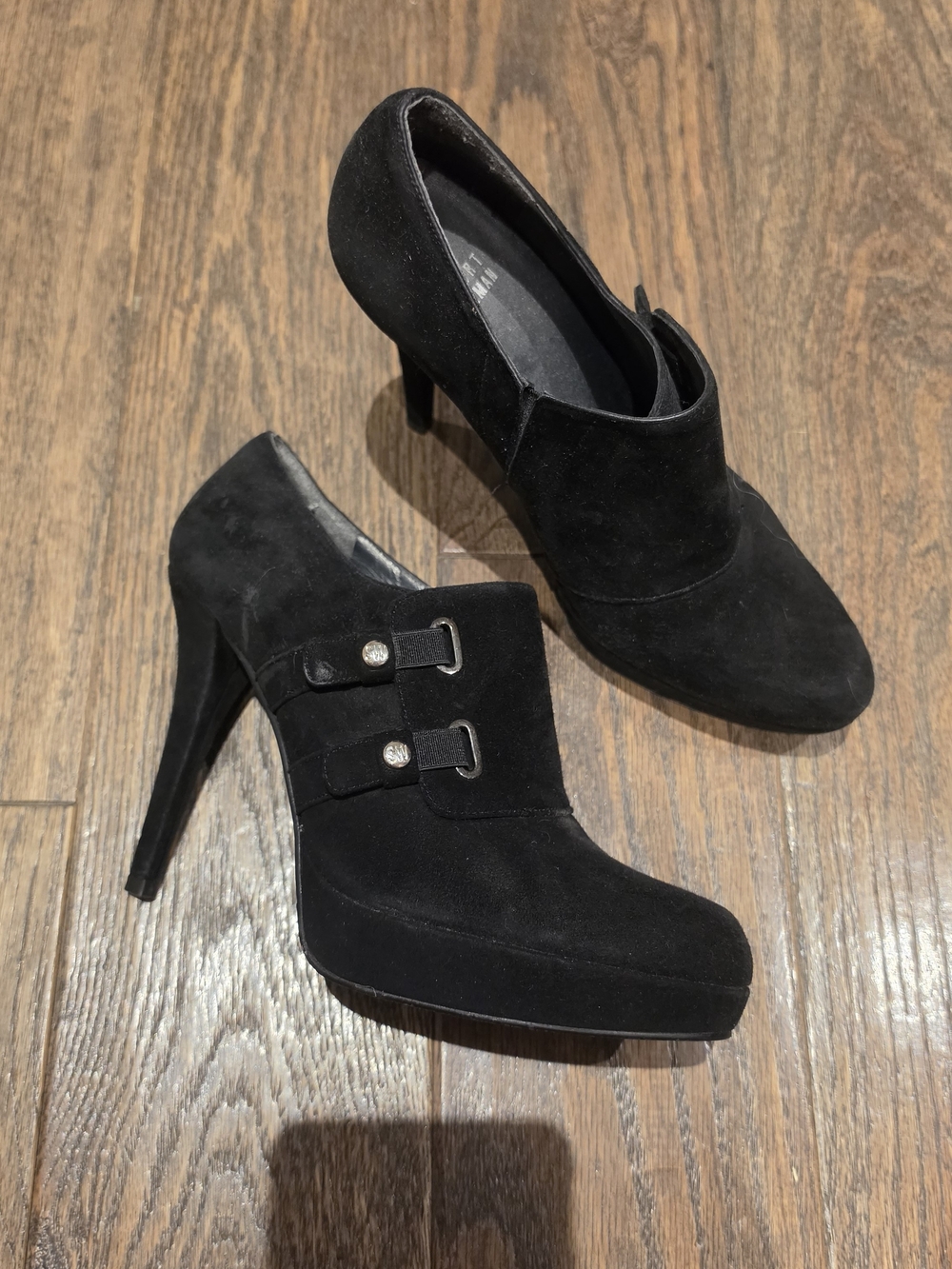Stuart Weitzman Black Suede High Heel Booties with Double Buckle Detail